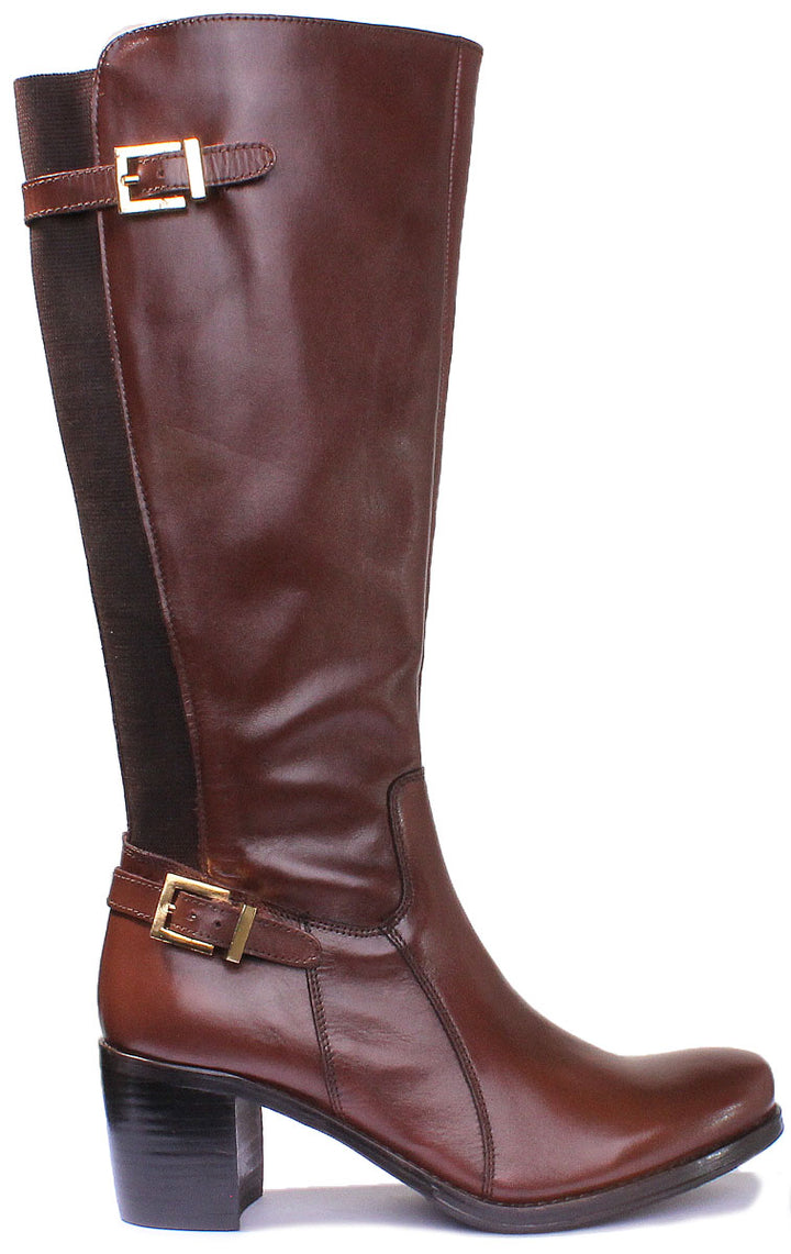 JUSTINREESS ENGLAND Womens Knee High Boot Jolie Long Leather Boot With Block Heel In Brown