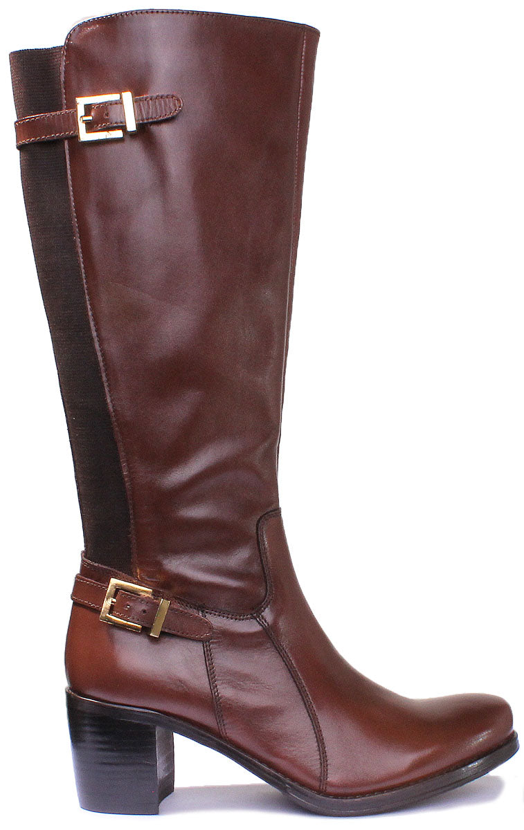 JUSTINREESS ENGLAND Womens Knee High Boot Jolie Long Leather Boot With Block Heel In Brown