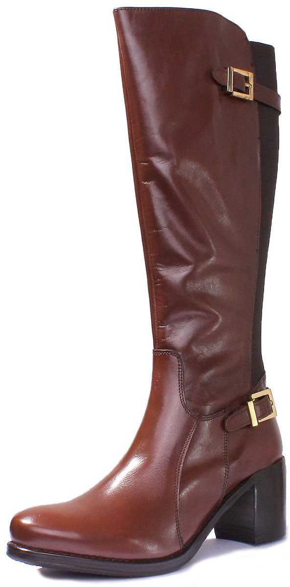 JUSTINREESS ENGLAND Womens Knee High Boot Jolie Long Leather Boot With Block Heel In Brown