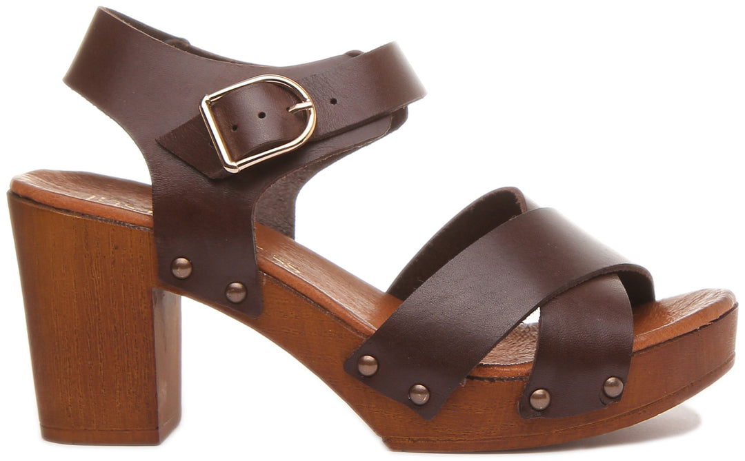 JUSTINREESS ENGLAND Womens Sandals Jennifer Block Heeled Wooden Effect Sandal in Chocolate