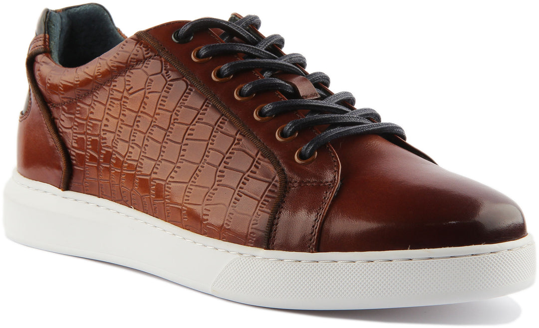 Mens Lace up Casual Shoe with Croc Effect Leather Panel White Sole