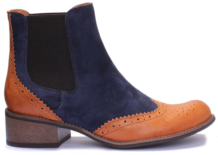 JUSTINREESS ENGLAND Womens Ankle Boots Olivia Two Tone Leather & Suede Chelsea Boot In Brown Blue