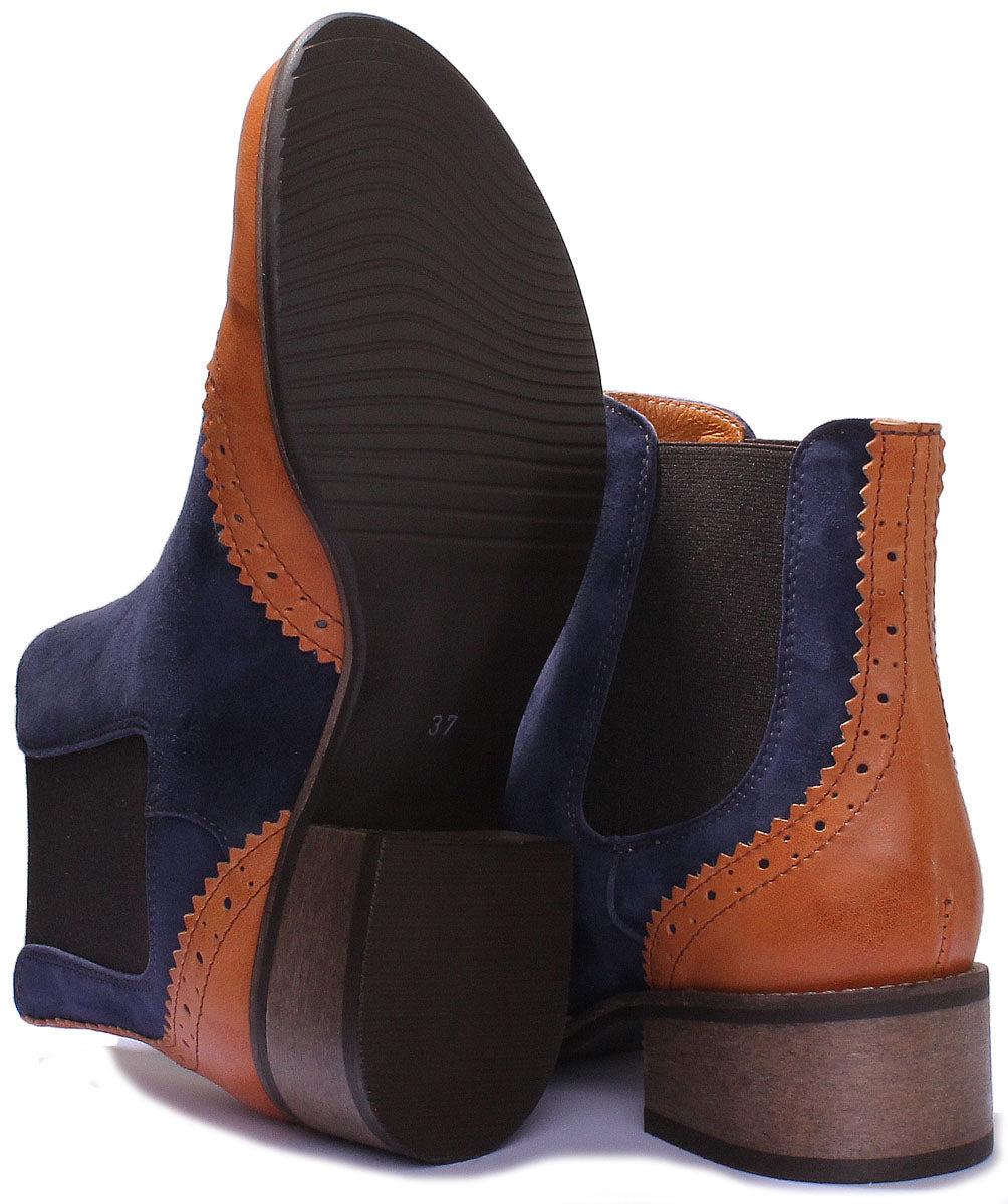 JUSTINREESS ENGLAND Womens Ankle Boots Olivia Two Tone Leather & Suede Chelsea Boot In Brown Blue