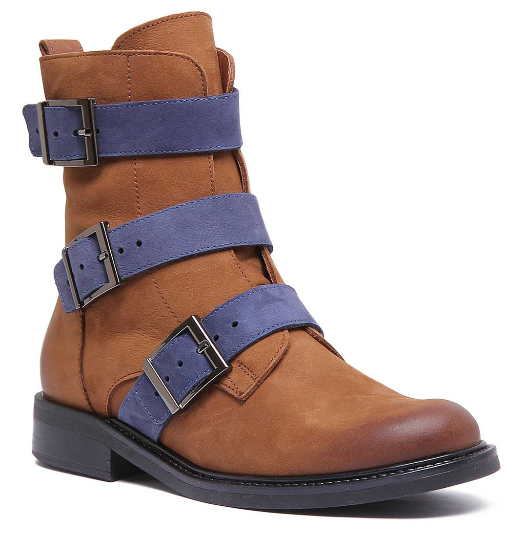 JUSTINREESS ENGLAND Womens Ankle Boots 6750 Leather Contrast Boot With Three Buckles In Brown Blue