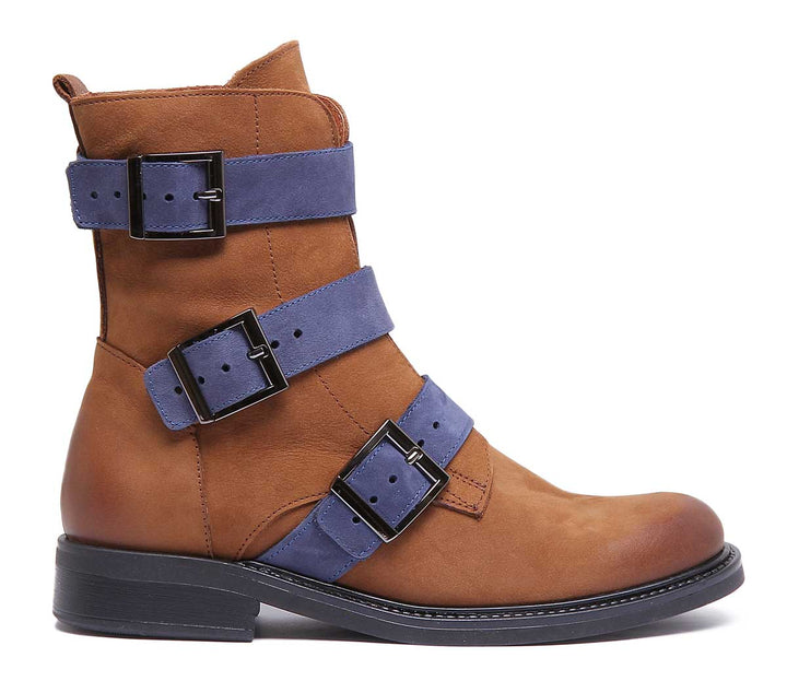 JUSTINREESS ENGLAND Womens Ankle Boots 6750 Leather Contrast Boot With Three Buckles In Brown Blue