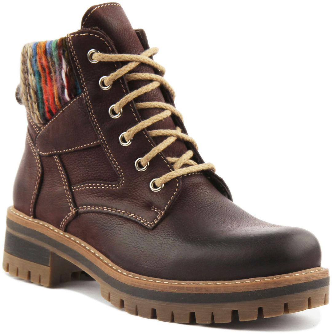 Ella In Burgundy Womens Lace Up Warm Collar Leather Hiker Boots