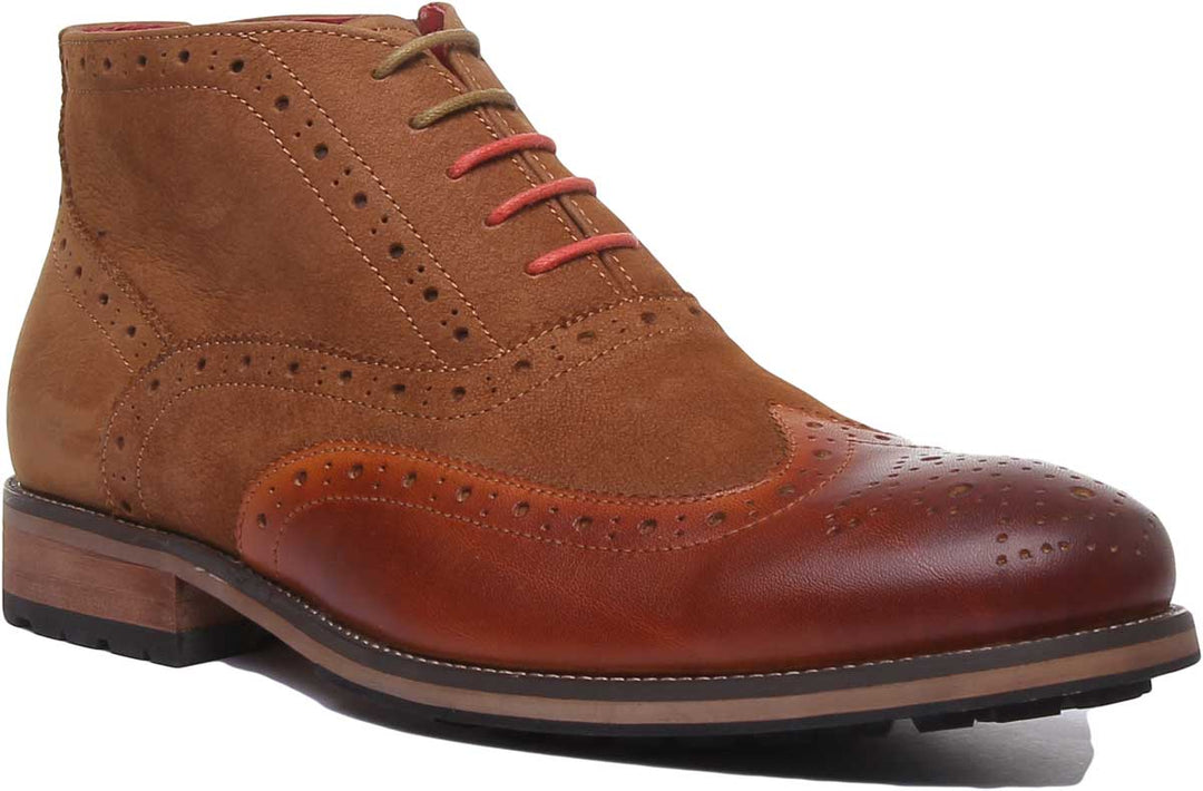 Bruno In Camel Mens Lace Up Leather Brogue Ankle Boos With Side
