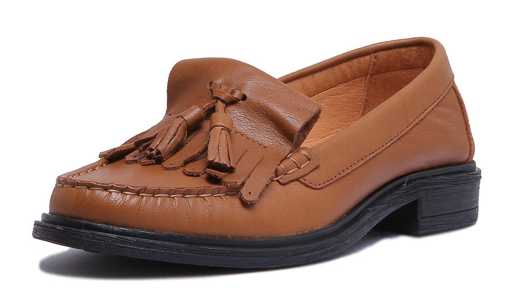 JUSTINREESS ENGLAND Womens Loafers Samantha Slip On Leather Loafer With Fringe In Camel
