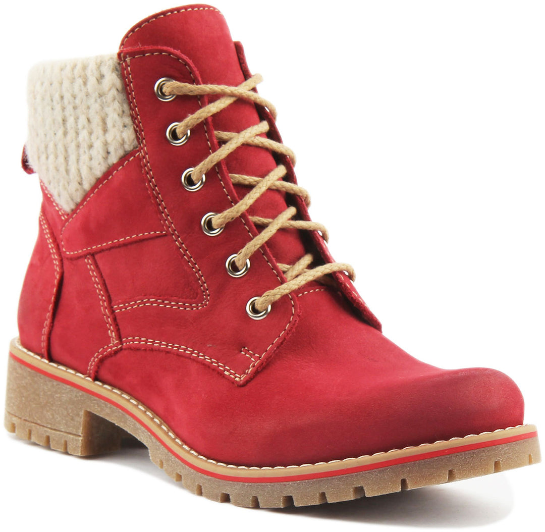 JUSTINREESS ENGLAND Womens Ankle Boots Sophia Warm Collar Leather Hiker Boot In Cherry