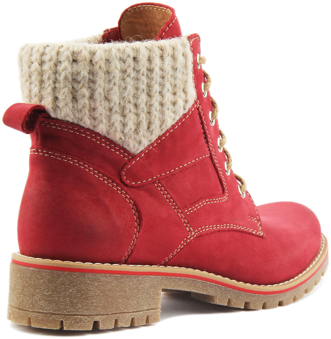 JUSTINREESS ENGLAND Womens Ankle Boots Sophia Warm Collar Leather Hiker Boot In Cherry