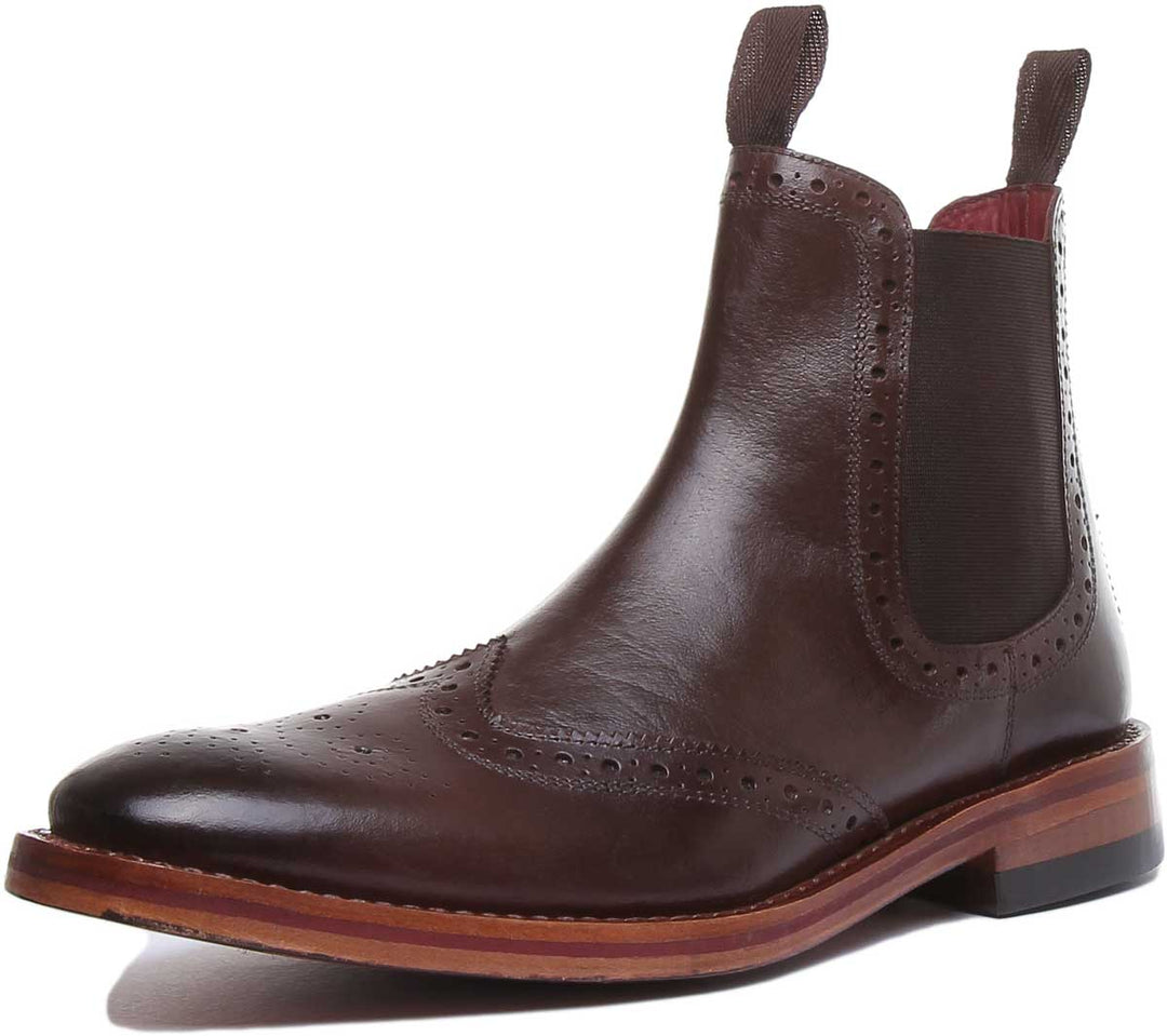 JUSTINREESS ENGLAND Mens Ankle Boots Carter Brogue Chelsea Boot In Dark Brown Leather