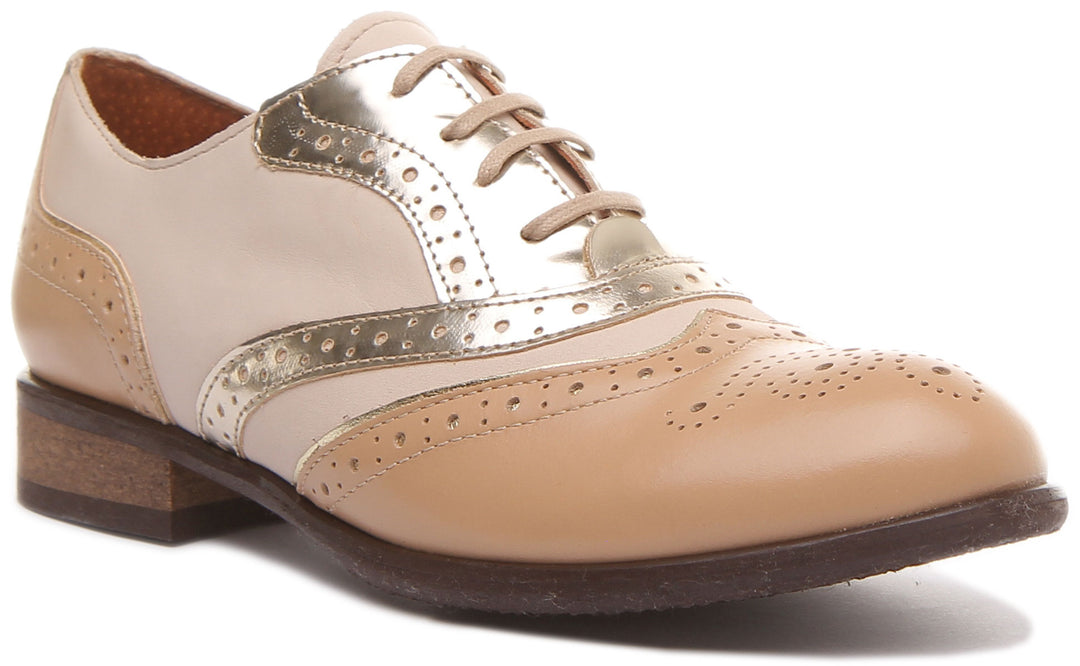 Roxana In Nude Gold Womens Lace Up Two Tone Leather Brogues