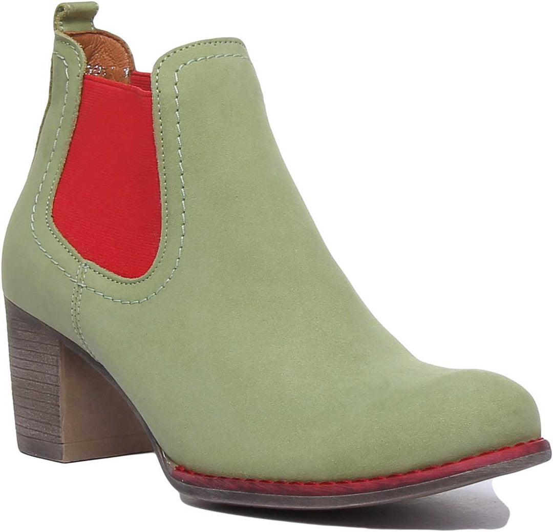 JUSTINREESS ENGLAND Womens Ankle Boots 6000R Block Heel Suede Chelsea Boot In Green