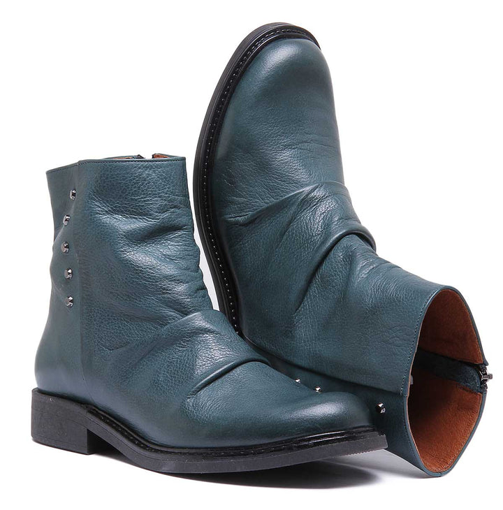 JUSTINREESS ENGLAND Womens Ankle Boots 6650 Flat Leather Boot With Zip At the Back In Green