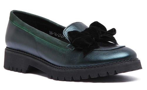 Natalie Slip On Leather Loafer With Bow In Green