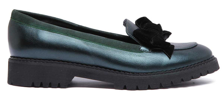 JUSTINREESS ENGLAND Womens Loafers Natalie Slip On Leather Loafer With Bow In Green