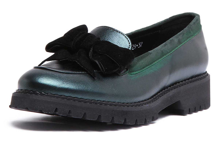 JUSTINREESS ENGLAND Womens Loafers Natalie Slip On Leather Loafer With Bow In Green