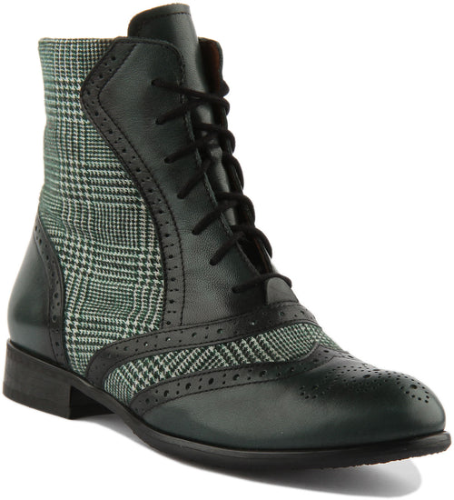Violet Brogue Ankle Boots In Green Tweed