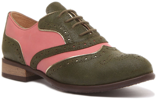 Roxana Lace up Soft Leather Brogue Shoes in Green