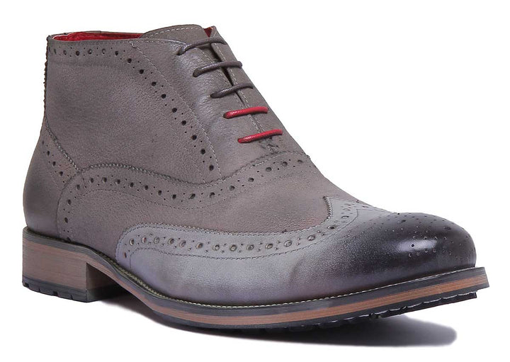 JUSTINREESS ENGLAND Mens Knee High Boot Bruno Leather Brogue Boot With Burnished Toe In Grey