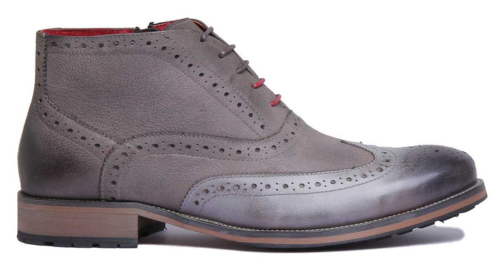 JUSTINREESS ENGLAND Mens Knee High Boot Bruno Leather Brogue Boot With Burnished Toe In Grey