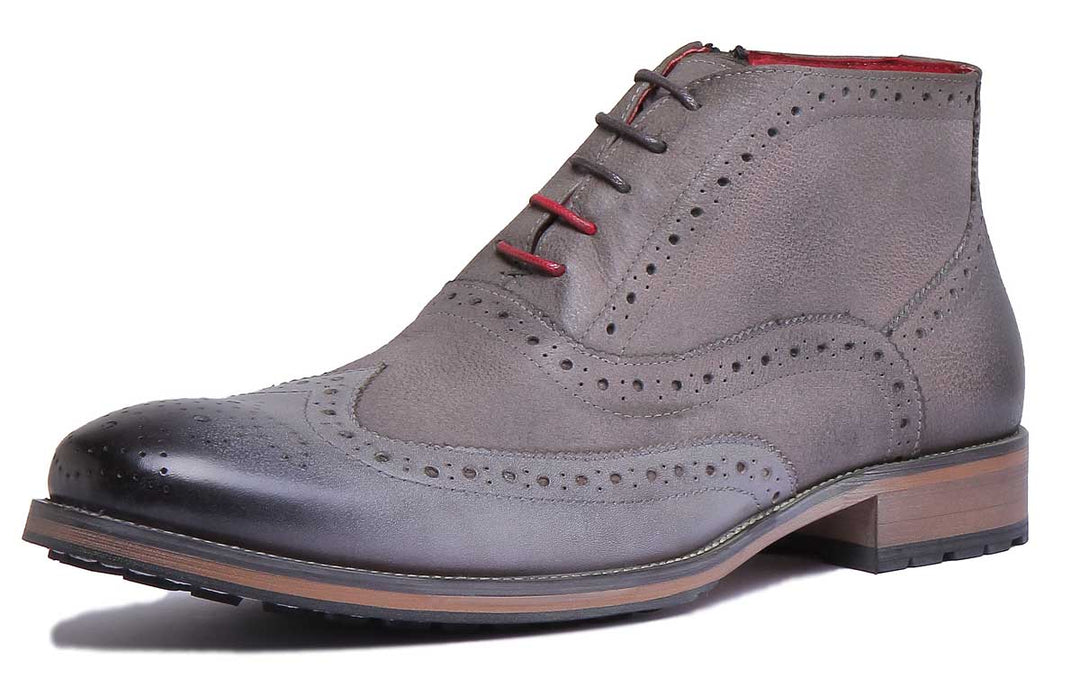 Bruno In Grey Mens Lace Up Burnished Toe Leather Brogue Boots