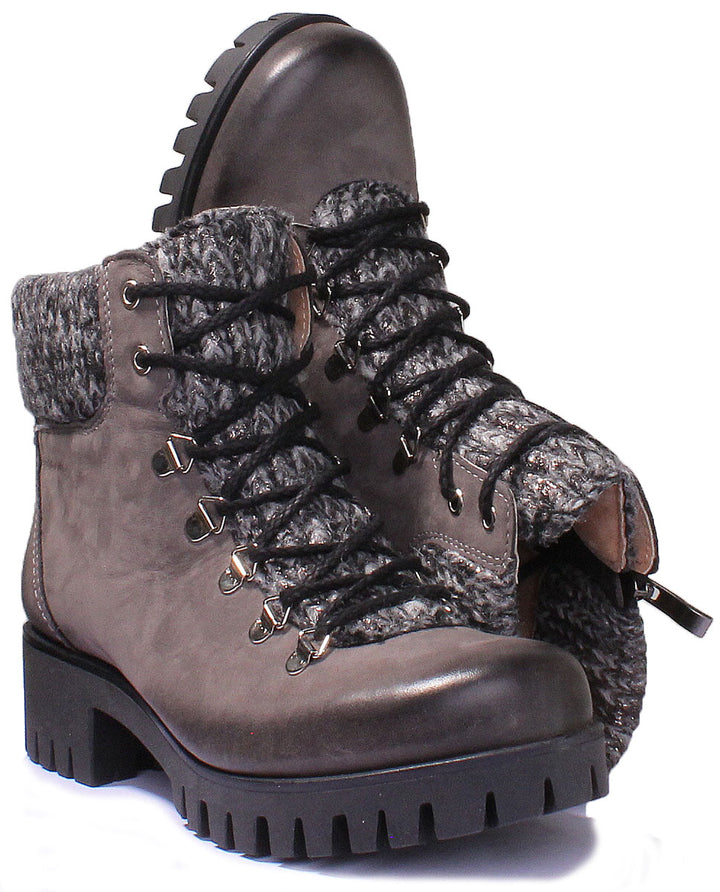 JUSTINREESS ENGLAND Womens Ankle Boots Sara Warm Collar Leather Hiker Boot In Grey