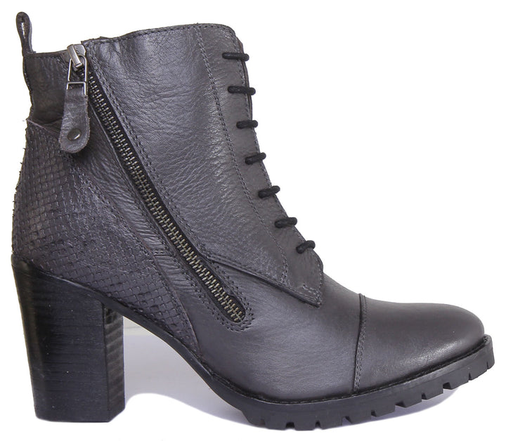 JUSTINREESS ENGLAND Womens Ankle Boots Hilary Leather Lace Up Boot With Snake Print And Zip In Grey