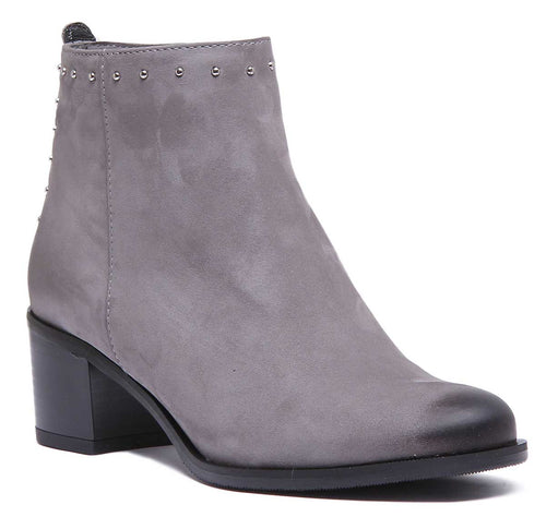 Maybel Block Heel Leather Boot In Grey