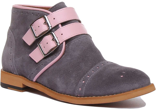 Imogen Buckle Up Ankle Boot In Grey Pink