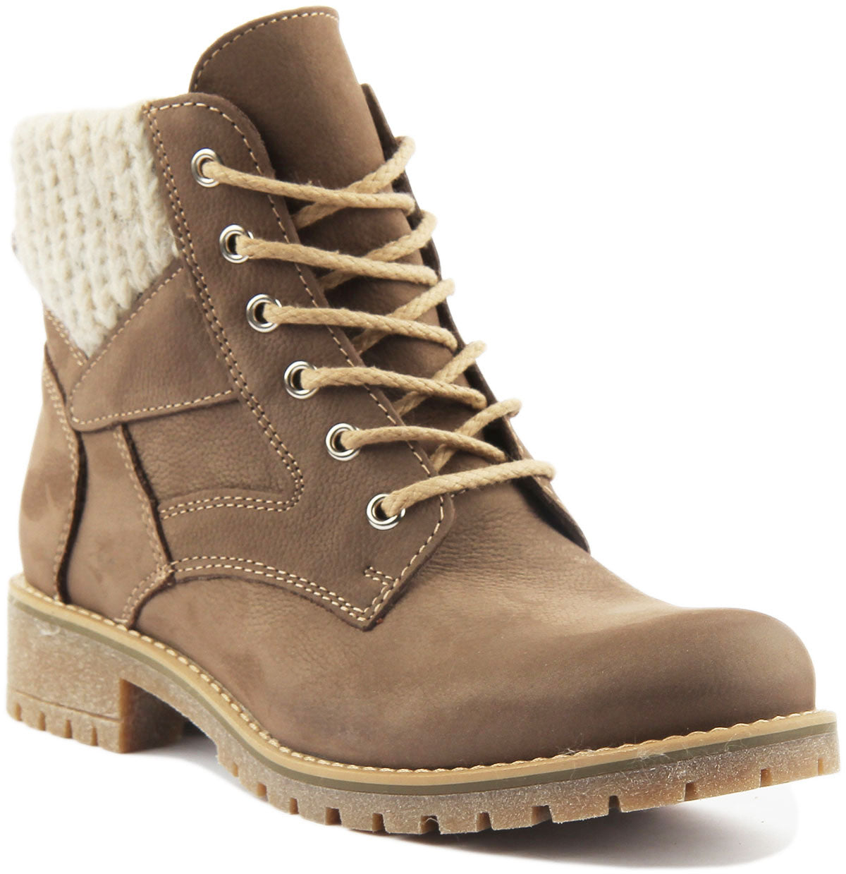 Sophia In Khaki Brown | Women Lace Up Warm Collar Leather Hiker Boot ...