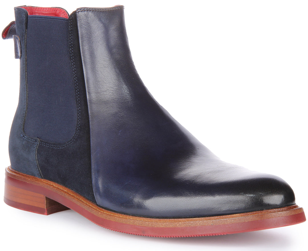 JUSTINREESS ENGLAND Luiz In Navy Leather Suede Chelsea Boot