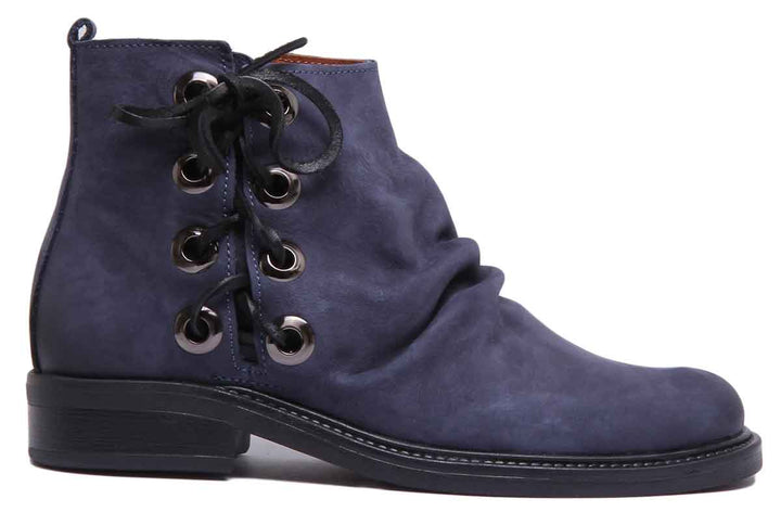 JUSTINREESS ENGLAND Womens Ankle Boots 6550 Leather Boot With Lace On The Side In Navy Blue
