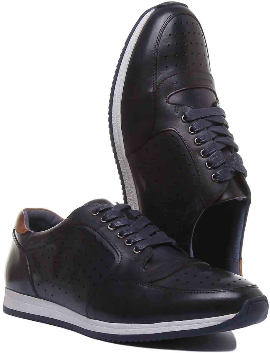 JUSTINREESS ENGLAND Mens Trainers Henry Lace Up Leather Shoe In Navy Blue