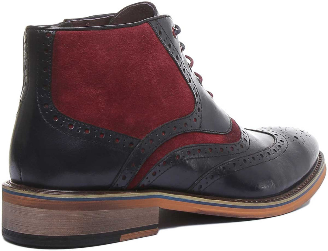 JUSTINREESS ENGLAND Mens Knee High Boot Hawkin Two Tone Leather & Suede Lace Up Boot In Navy Bordo