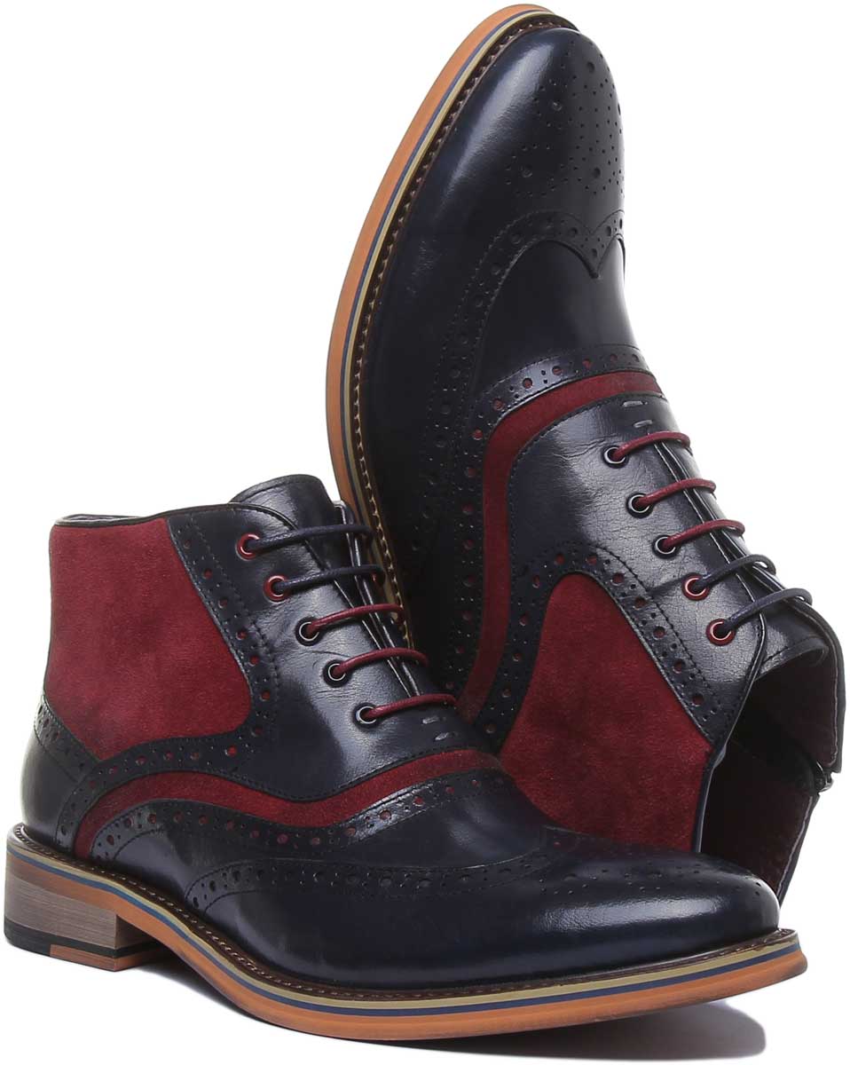 JUSTINREESS ENGLAND Mens Knee High Boot Hawkin Two Tone Leather & Suede Lace Up Boot In Navy Bordo