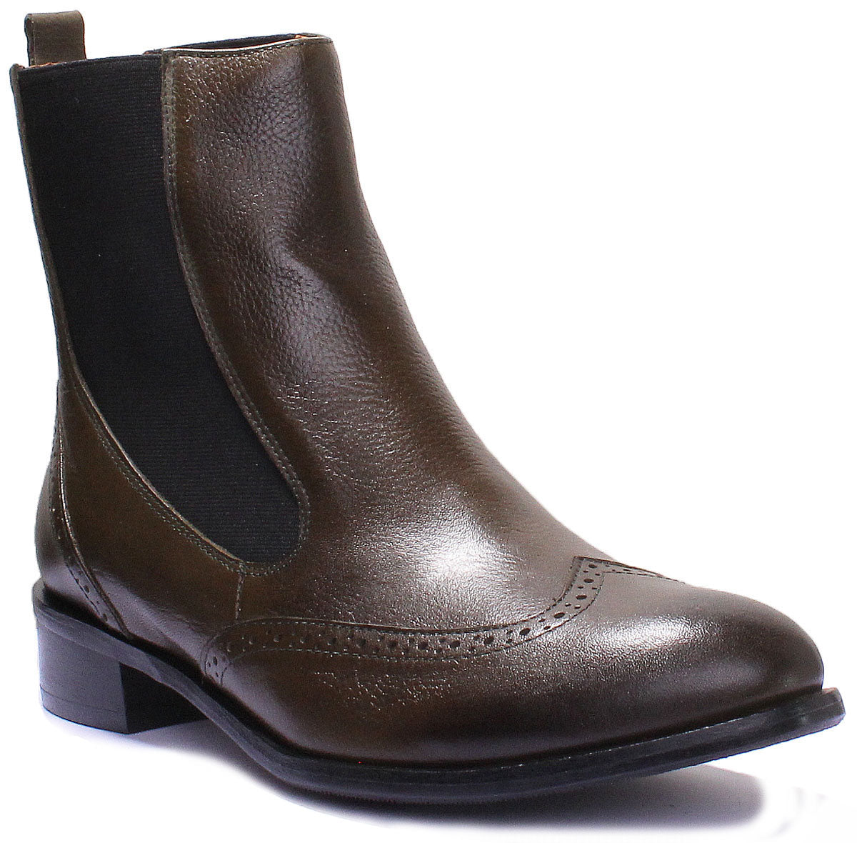 Womens Ladies High Leather Chelsea Elastic Gusset Brogue Olive Boot Justin Reess