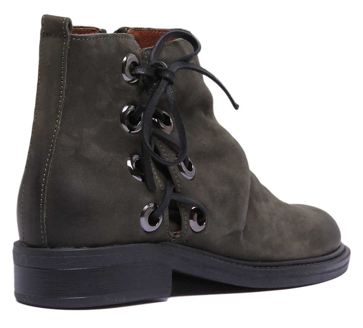 JUSTINREESS ENGLAND Womens Ankle Boots 6550 Leather Boot With Lace On The Side In Olive