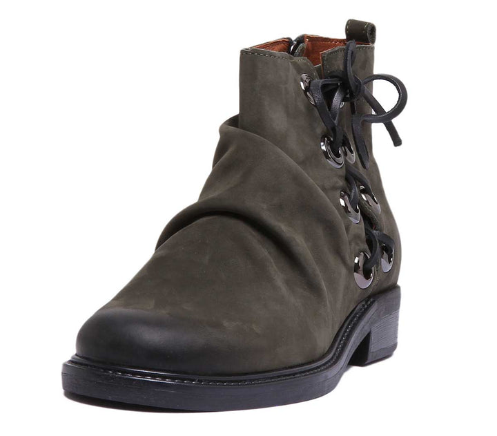 JUSTINREESS ENGLAND Womens Ankle Boots 6550 Leather Boot With Lace On The Side In Olive