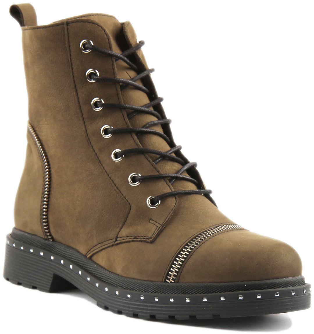 JUSTINREESS ENGLAND Womens Ankle Boots Charlotte Lace Up Military Boot In Olive