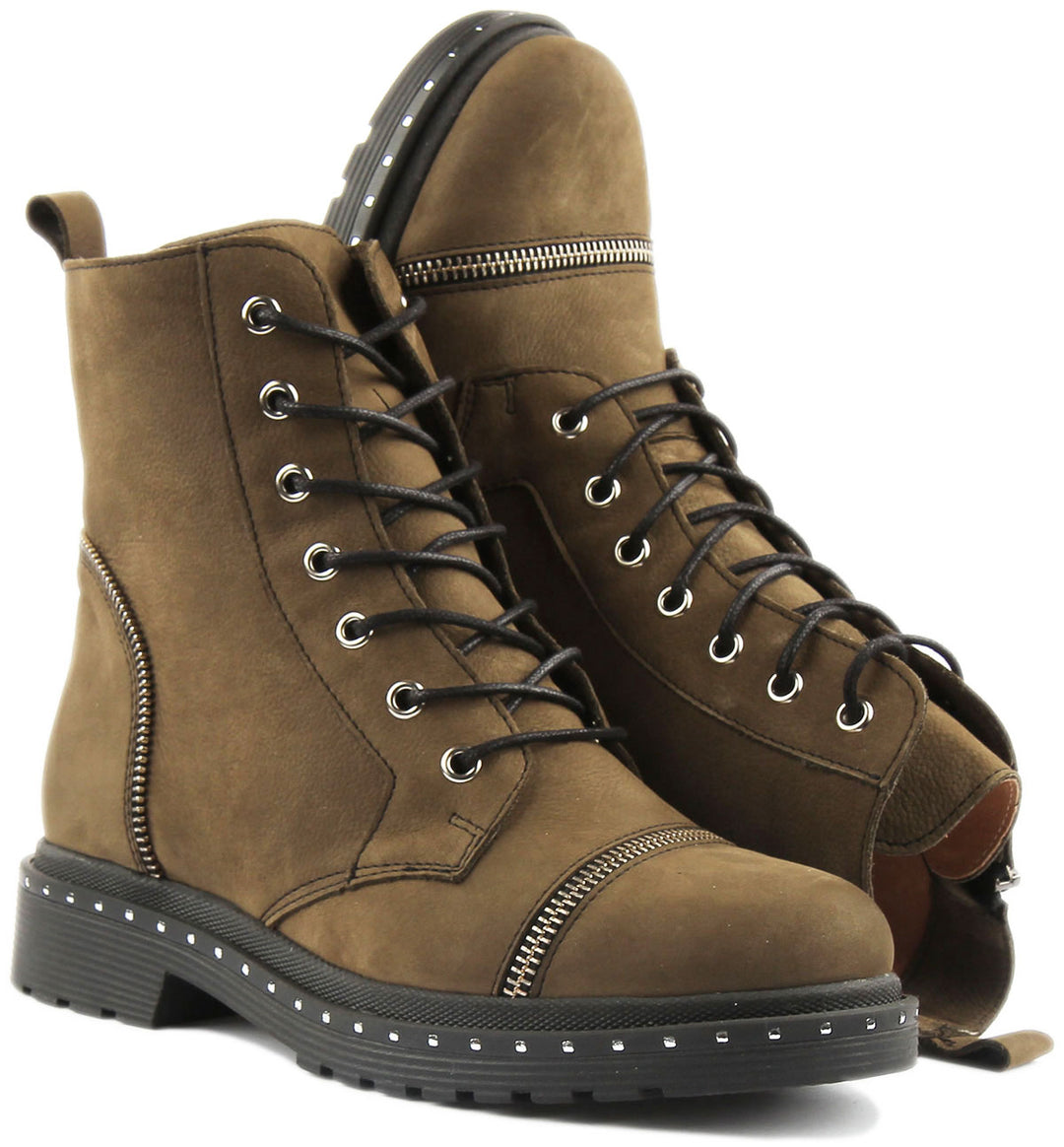 JUSTINREESS ENGLAND Womens Ankle Boots Charlotte Lace Up Military Boot In Olive