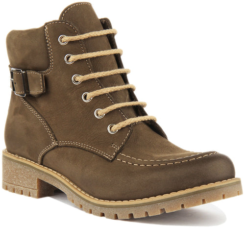 Emma Lace Up Leather Boot In Olive