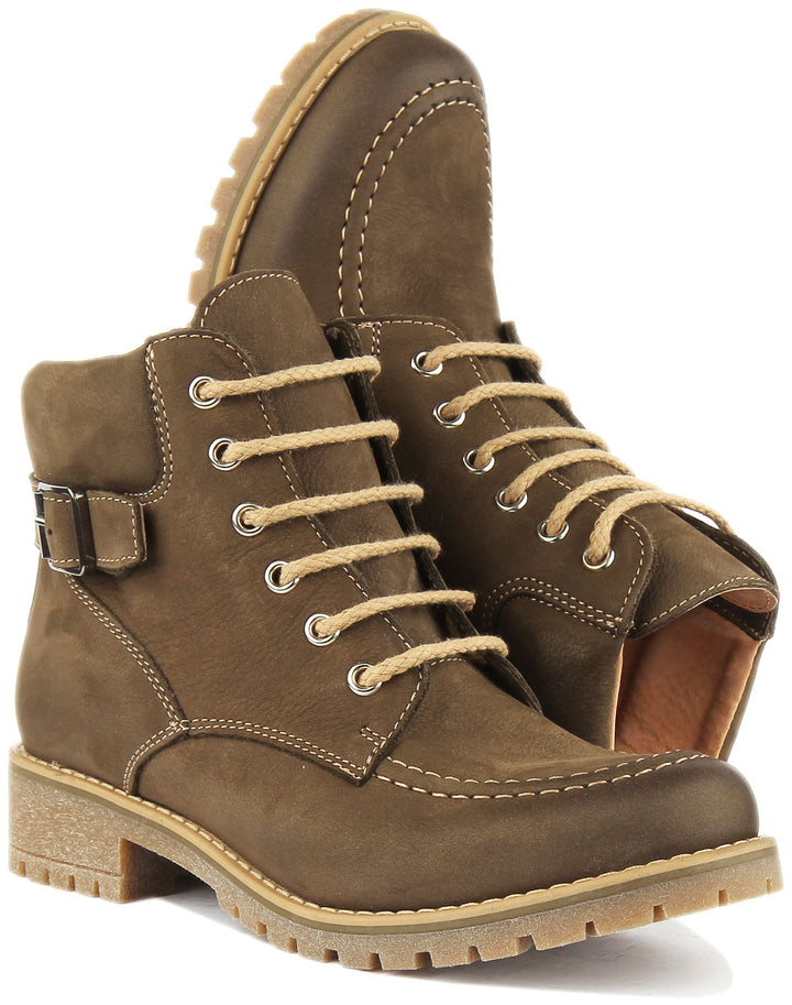 JUSTINREESS ENGLAND Womens Ankle Boots Emma Lace Up Leather Boot In Olive