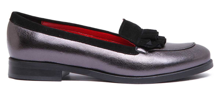 JUSTINREESS ENGLAND Womens Loafers Adison Slip On Loafer With Fringe In Pewter