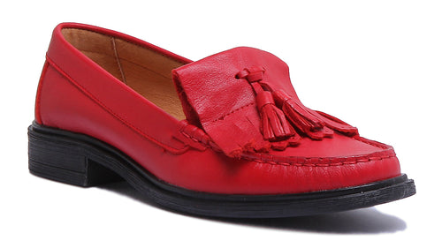 Samantha Slip On Leather Loafer With Fringe In Red