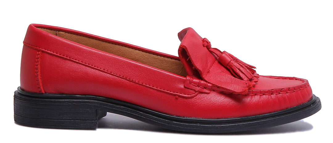 JUSTINREESS ENGLAND Womens Loafers Samantha Slip On Leather Loafer With Fringe In Red