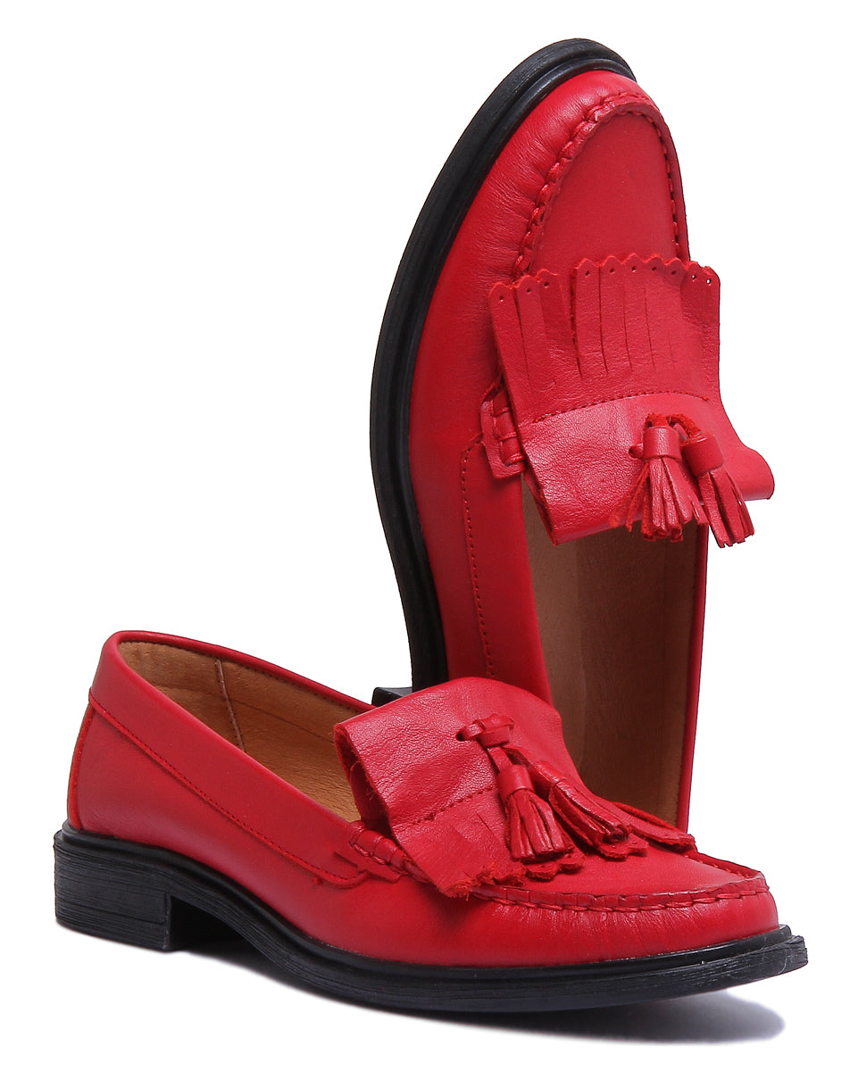JUSTINREESS ENGLAND Womens Loafers Samantha Slip On Leather Loafer With Fringe In Red
