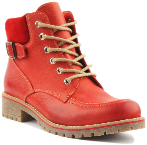 Emma Lace Up Leather Boot In Red