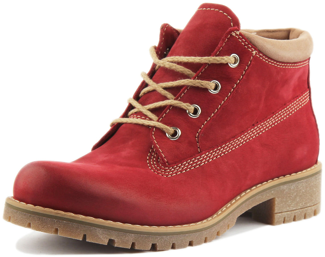 JUSTINREESS ENGLAND Womens Ankle Boots Stella Lace Up Hiking Boot In Red