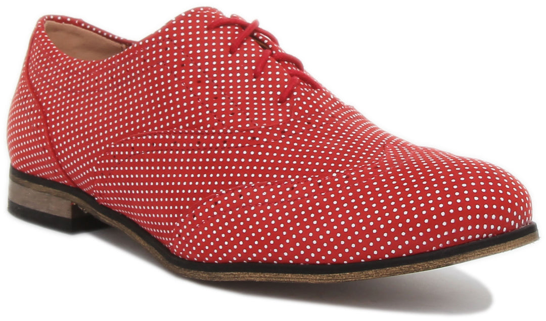 JUSTINREESS ENGLAND Womens Shoes Kalina Lace up Flat Brogues In Red Pokadots